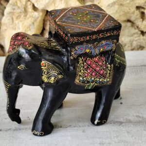 ancienne statue éléphant en papier mâché  noir avec motifs