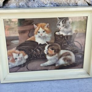 Chromo ancien de chats – Illustration rétro dans cadre en bakélite