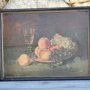 Chromo ancien nature morte – Fruits & verre – Signé D. Rozier – Encadrement vintage
