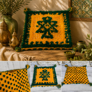 Housse berbère en laine – Vert profond & Safran – Décoration murale ou coussin