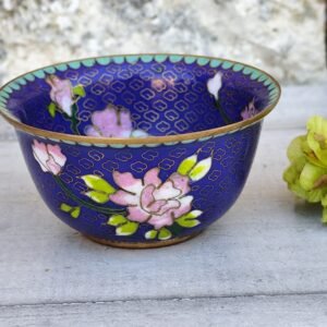 Bol cloisonné émaillé bleu – Artisanat asiatique, fleurs et motifs dorés