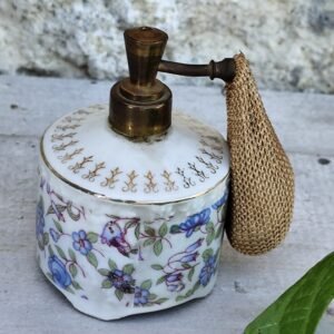 Ancien vaporisateur en porcelaine – Vaporisateur parfum vintage Japon – Atomiseur fleuri en laiton – Objet décoratif élégant