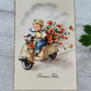 Carte “Bonne Fête” – Illustration rétro & Message manuscrit d’époque