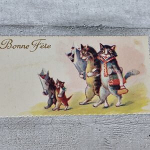 Carte ancienne « Bonne Fête » – Chats anthropomorphes & message manuscrit (années 1910–1930)