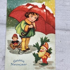 Carte ancienne – “Gelukkig Nieuwjaar” – Enfant au parapluie rouge (Pays‑Bas)