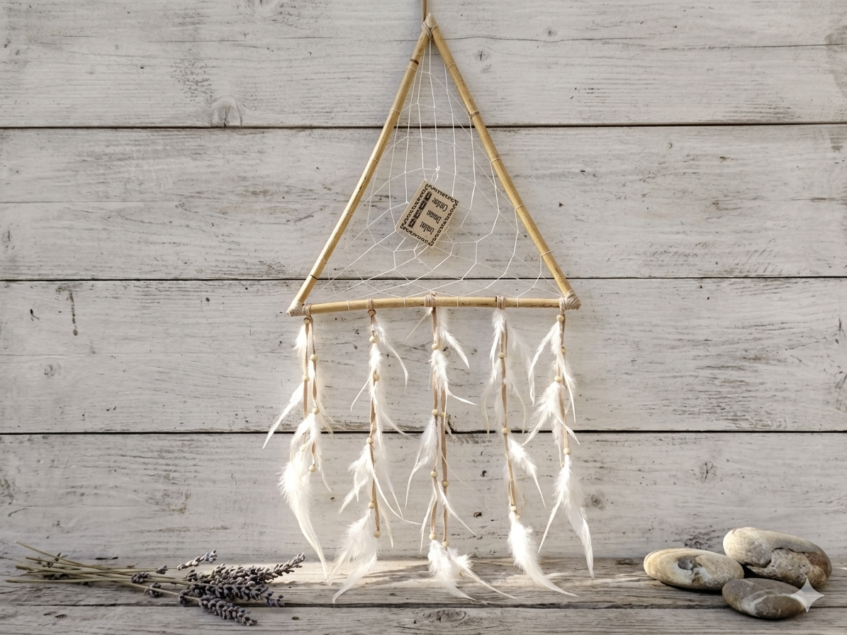 Attrape-rêves Triangle Amérindien - Décoration Murale Bohème avec Plumes Blanches et Perles en Bois - Capteur de Rêves Spirituel Handmade