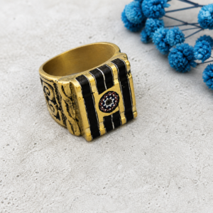 Bague Touareg artisanale en laiton, bois d’ébène et perle millefiori – Taille 55 – Bijou ethnique vintage