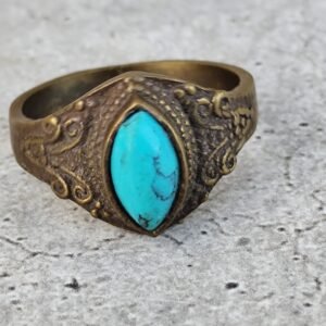 Bague Femme Laiton Doré et Pierre Turquoise Navette – Bijou Style Bohème Ethnique Vintage