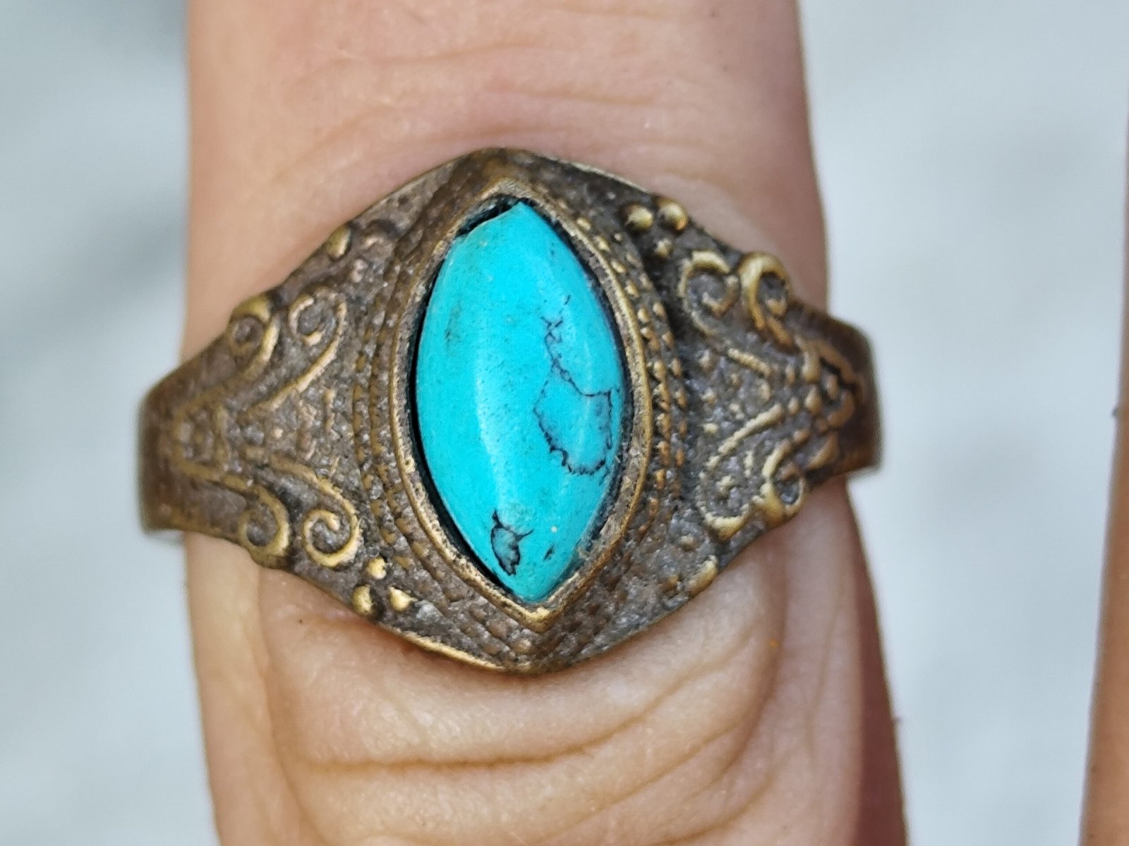 Bague Femme Laiton Doré et Pierre Turquoise Navette – Bijou Style Bohème Ethnique Vintage – Image 7
